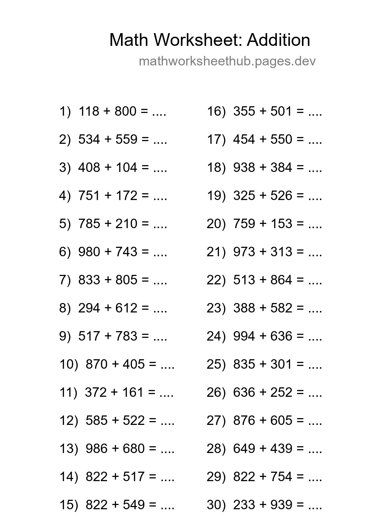 Printable Free 30 Addition Math Worksheet For Grade 5 - Part 181