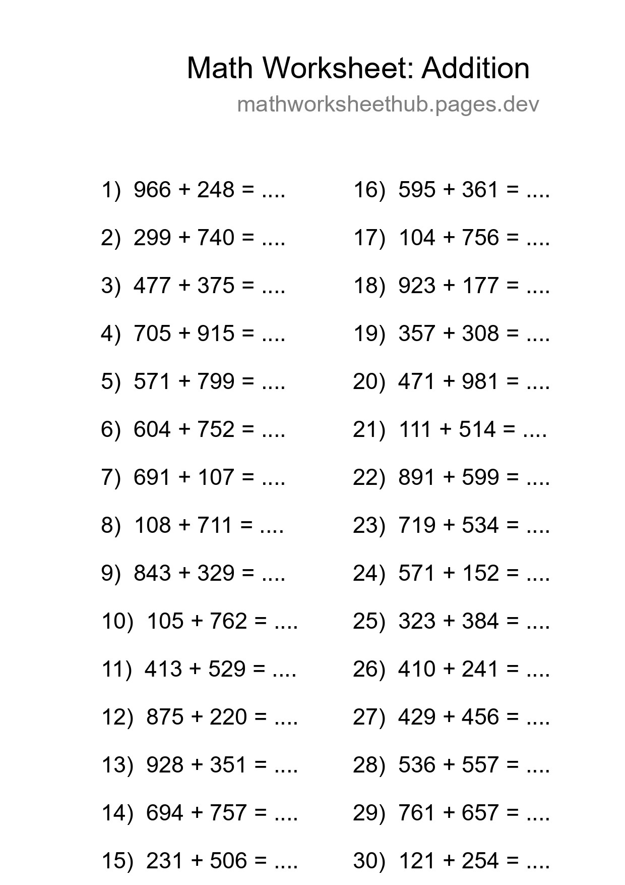 Printable Free 30 Addition Math Worksheet For Grade 5 - Part 251