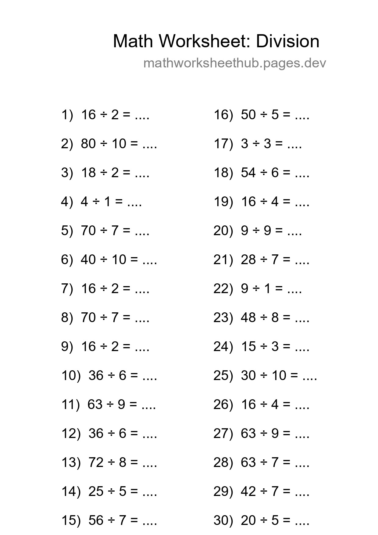 Printable Free 30 Division Math Worksheet For Grade 1 - Part 214